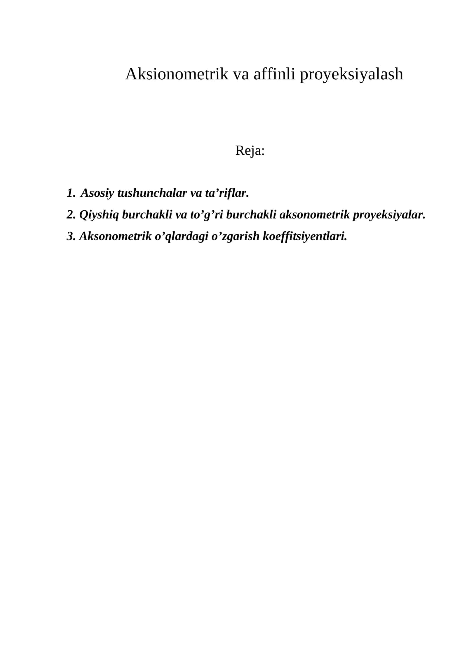 Aksionometrik va affinli proyeksiyalash