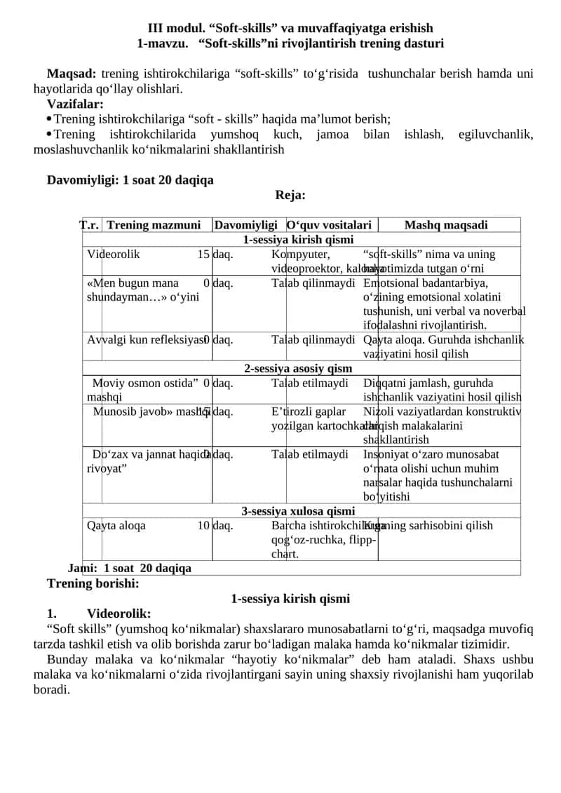 "Soft-skills" ni rivojlantirish trening dasturi