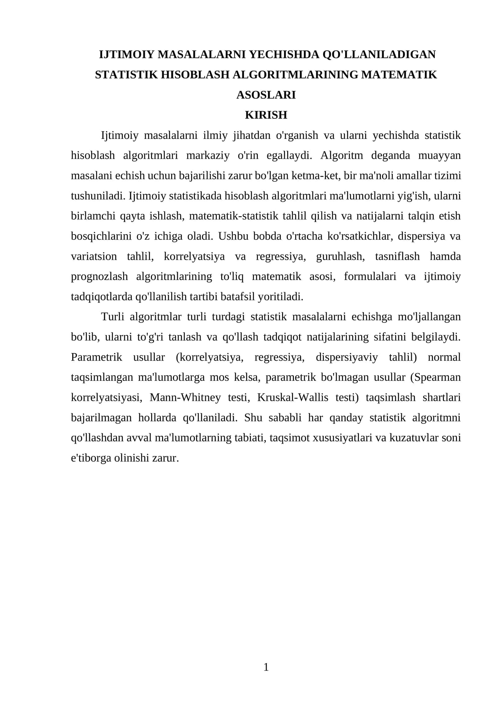 IJTIMOIY MASALALARNI YECHISHDA QO'LLANILADIGAN STATISTIK HISOBLASH ALGORITMLARINING MATEMATIK ASOSLARI