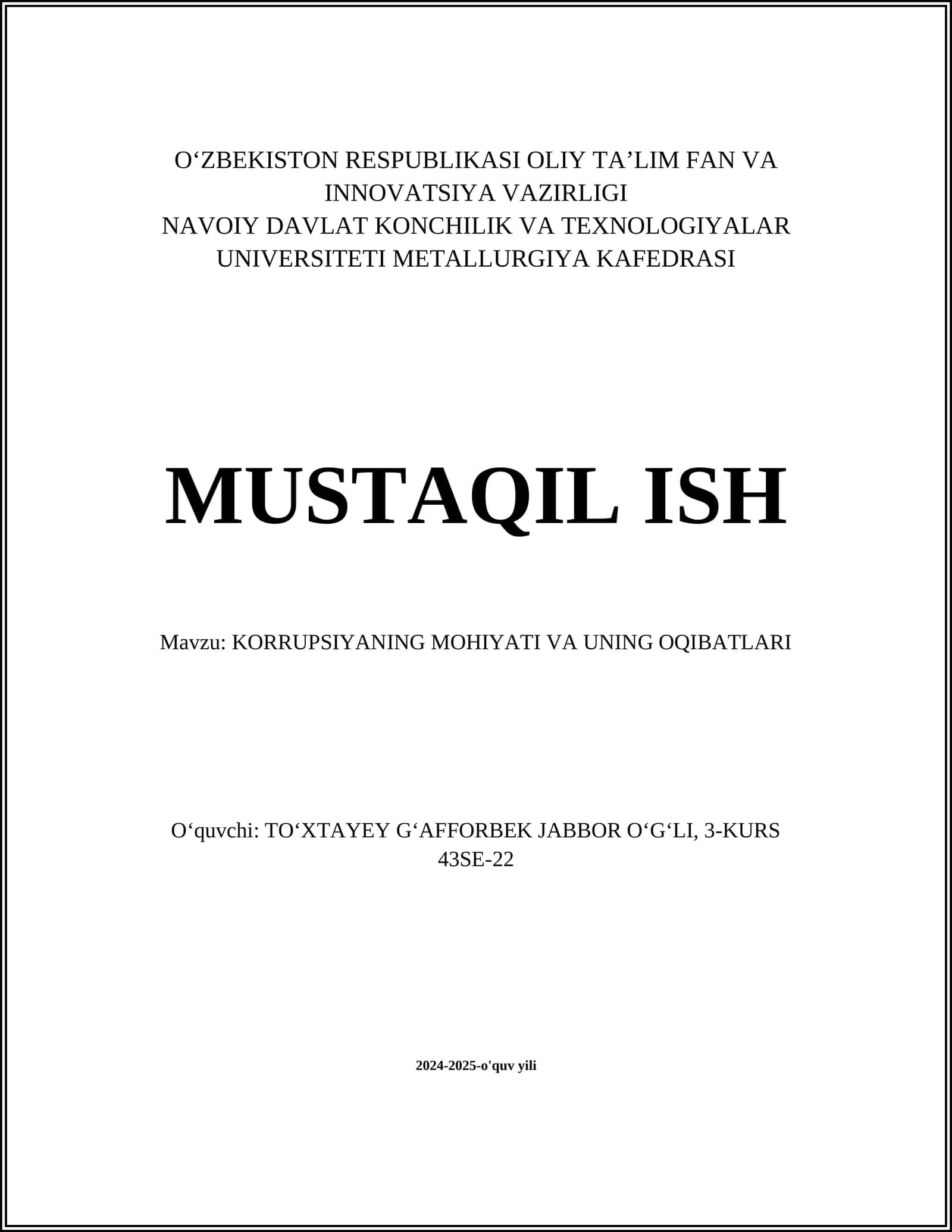 KORRUPSIYANING MOHIYATI VA UNING OQIBATLARI