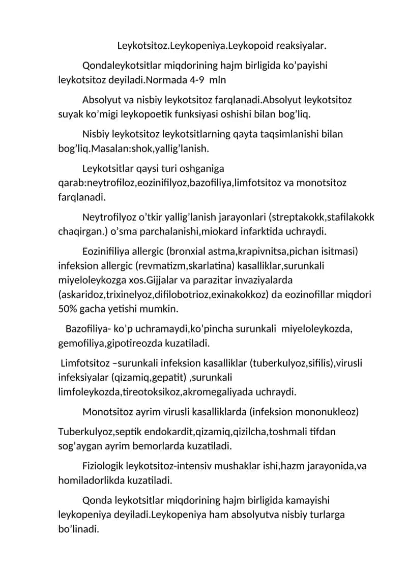 Leykotsitoz.Leykopeniya.Leykopoid reaksiyalar