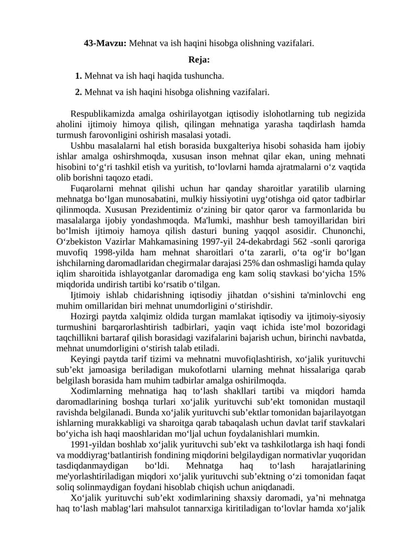 Mehnat va ish haqini hisobga olishning vazifalari