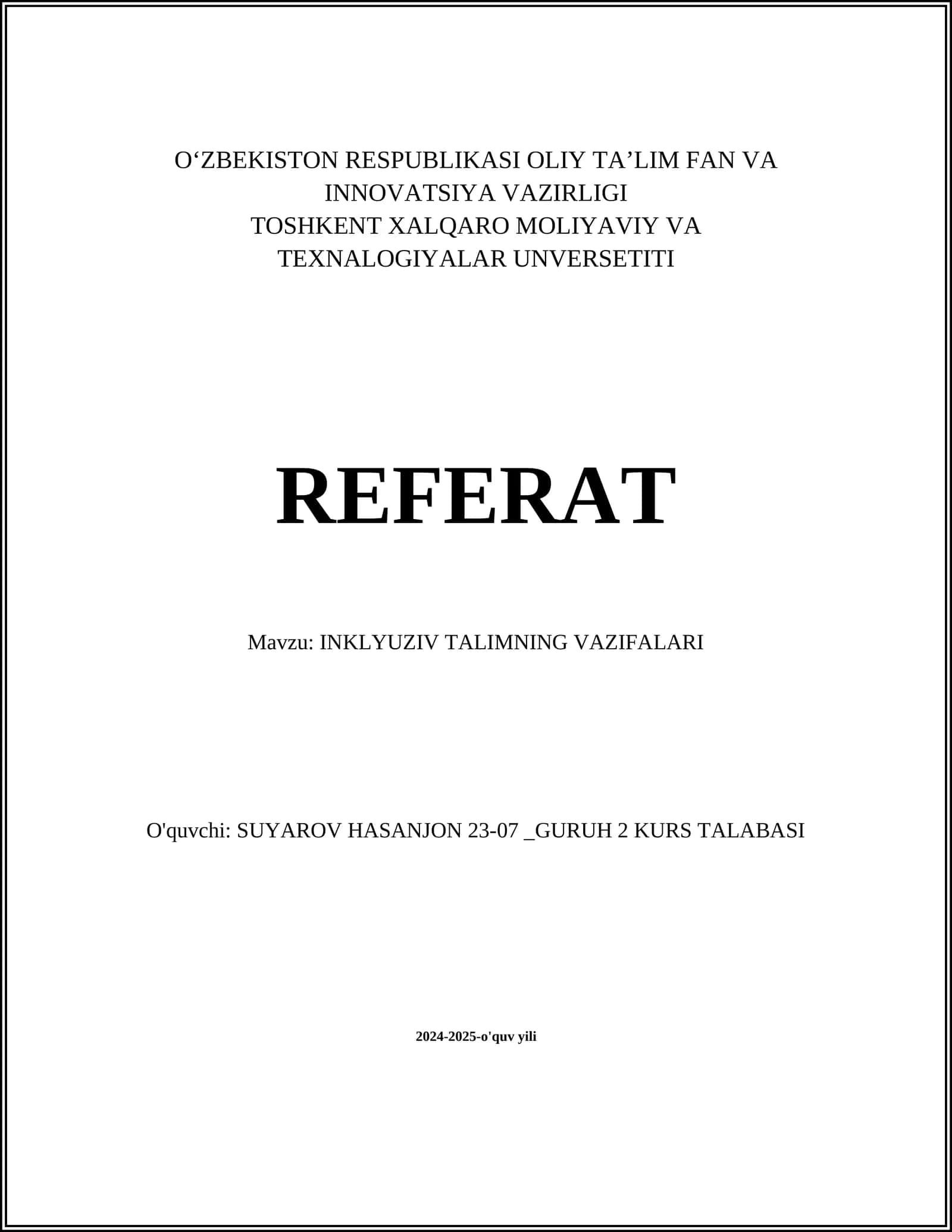 INKLYUZIV TALIMNING VAZIFALARI