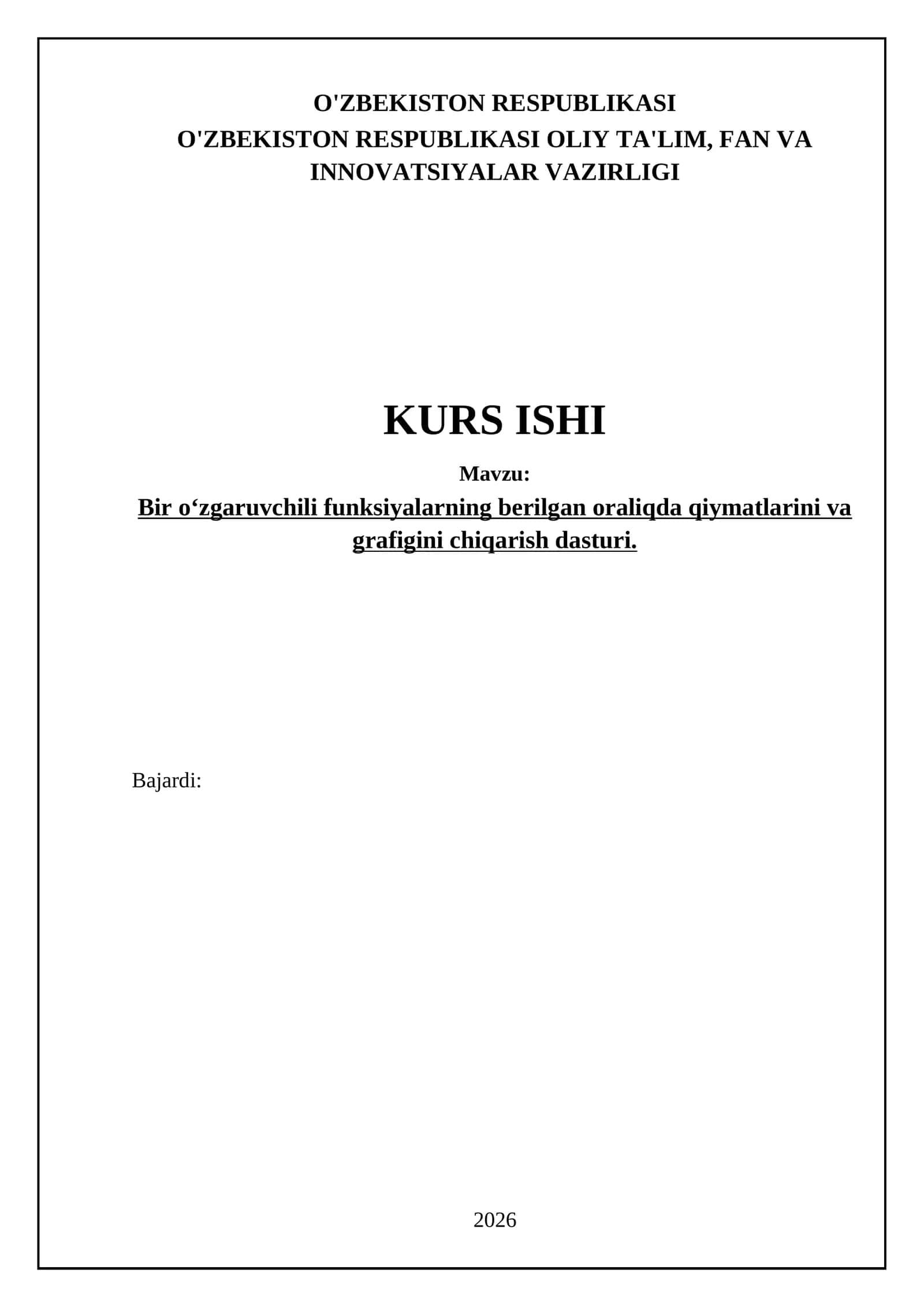 Bir oʻzgaruvchili funksiyalarning berilgan oraliqda qiymatlarini va grafigini chiqarish dasturi