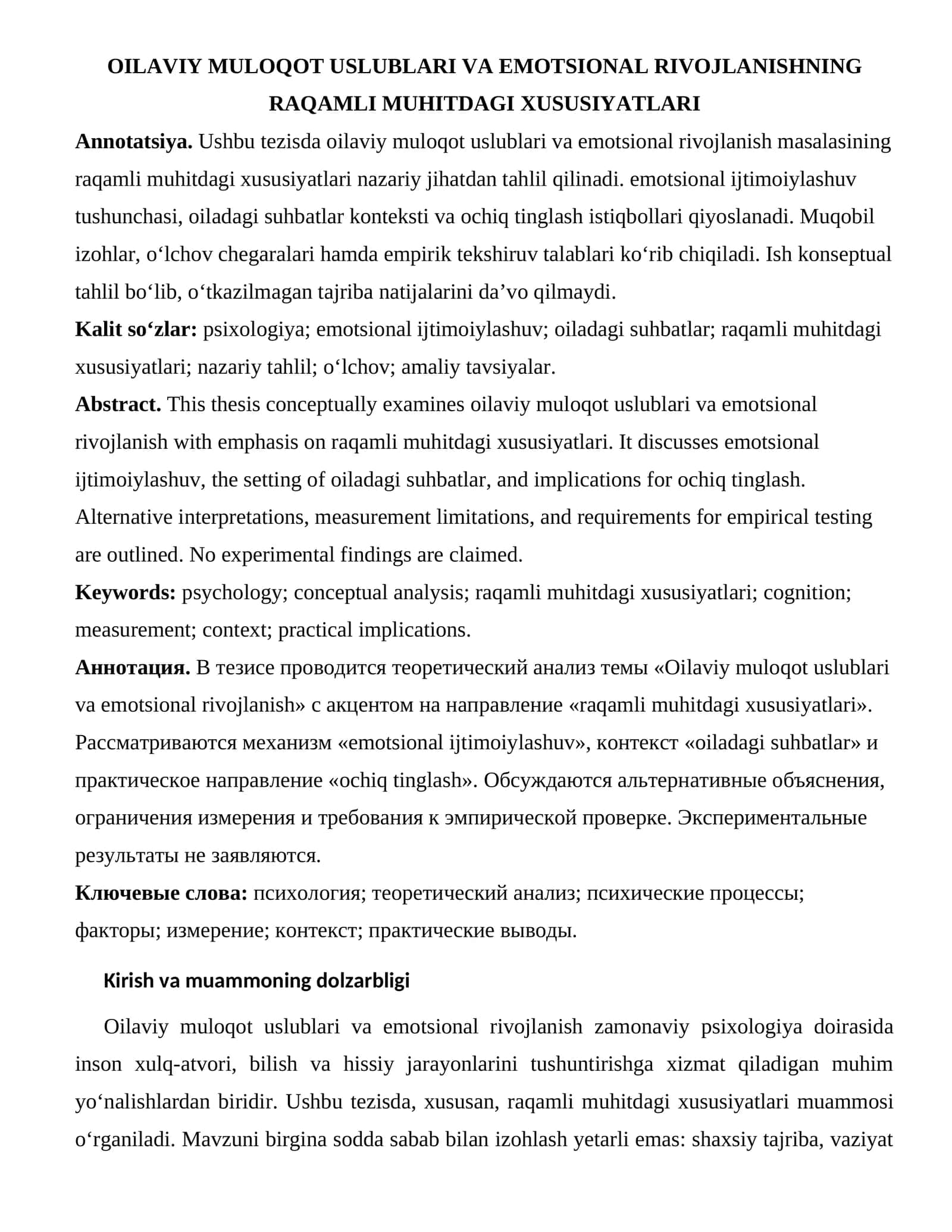 OILAVIY MULOQOT USLUBLARI VA EMOTSIONAL RIVOJLANISHNING RAQAMLI MUHITDAGI XUSUSIYATLARI