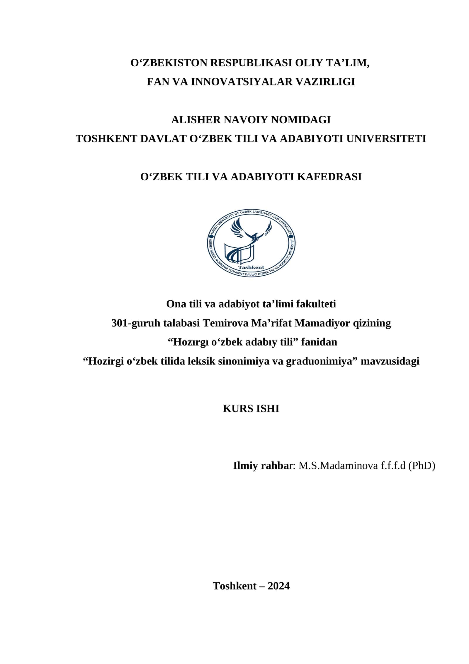 HOZIRGI O‘ZBEK TILIDA LEKSIK SINONIMIYA VA GRADUONIMIYA