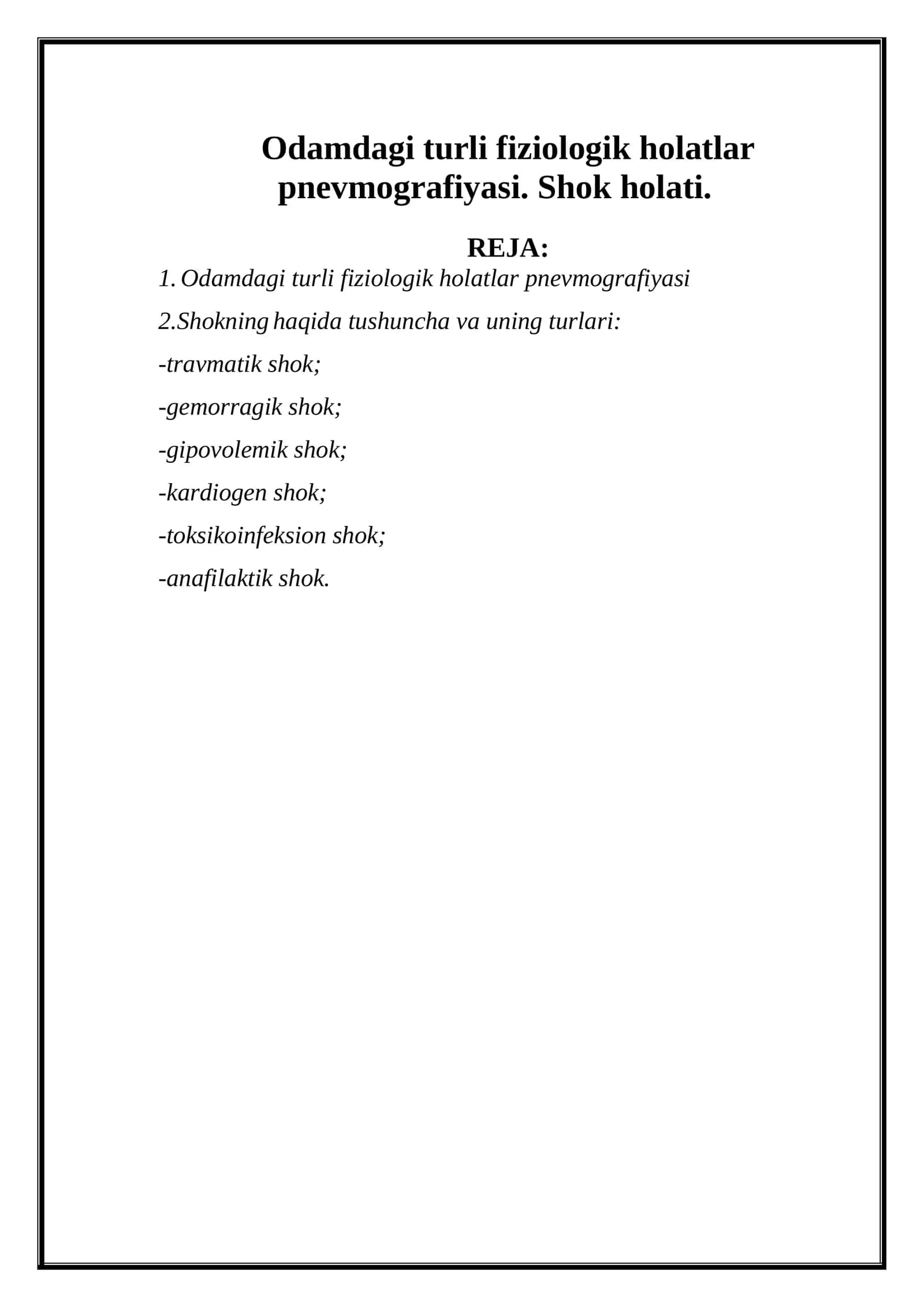 Odamdagi turli fiziologik holatlar pnevmografiyasi. Shok holati