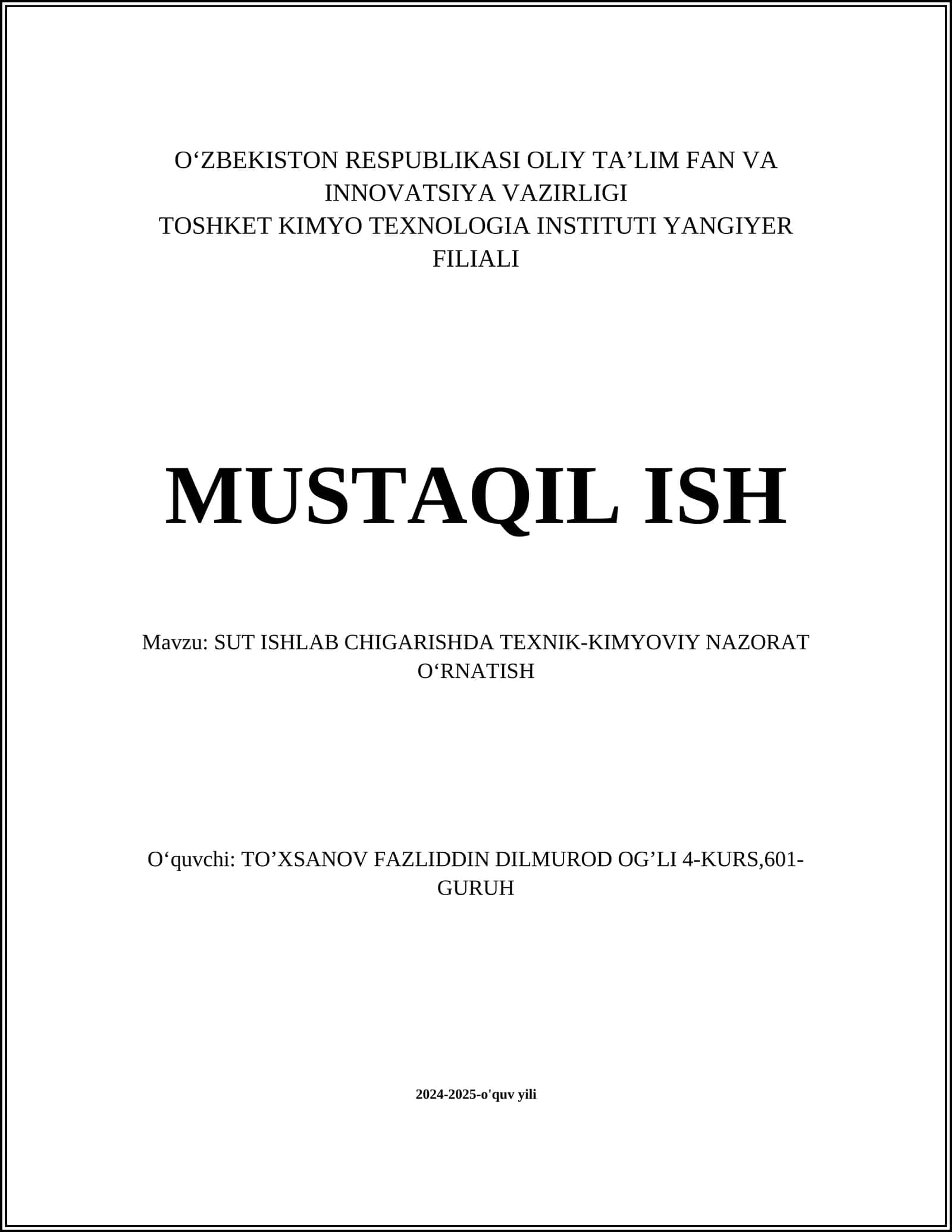 SUT ISHLAB CHIGARISHDA TEXNIK-KIMYOVIY NAZORAT OʻRNATISH