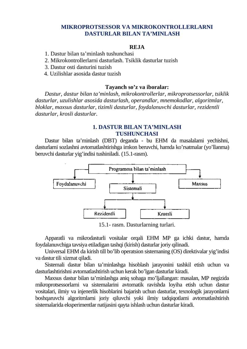 MIKROPROTSESSOR VA MIKROKONTROLLERLARNI DASTURLAR BILAN TA’MINLASH