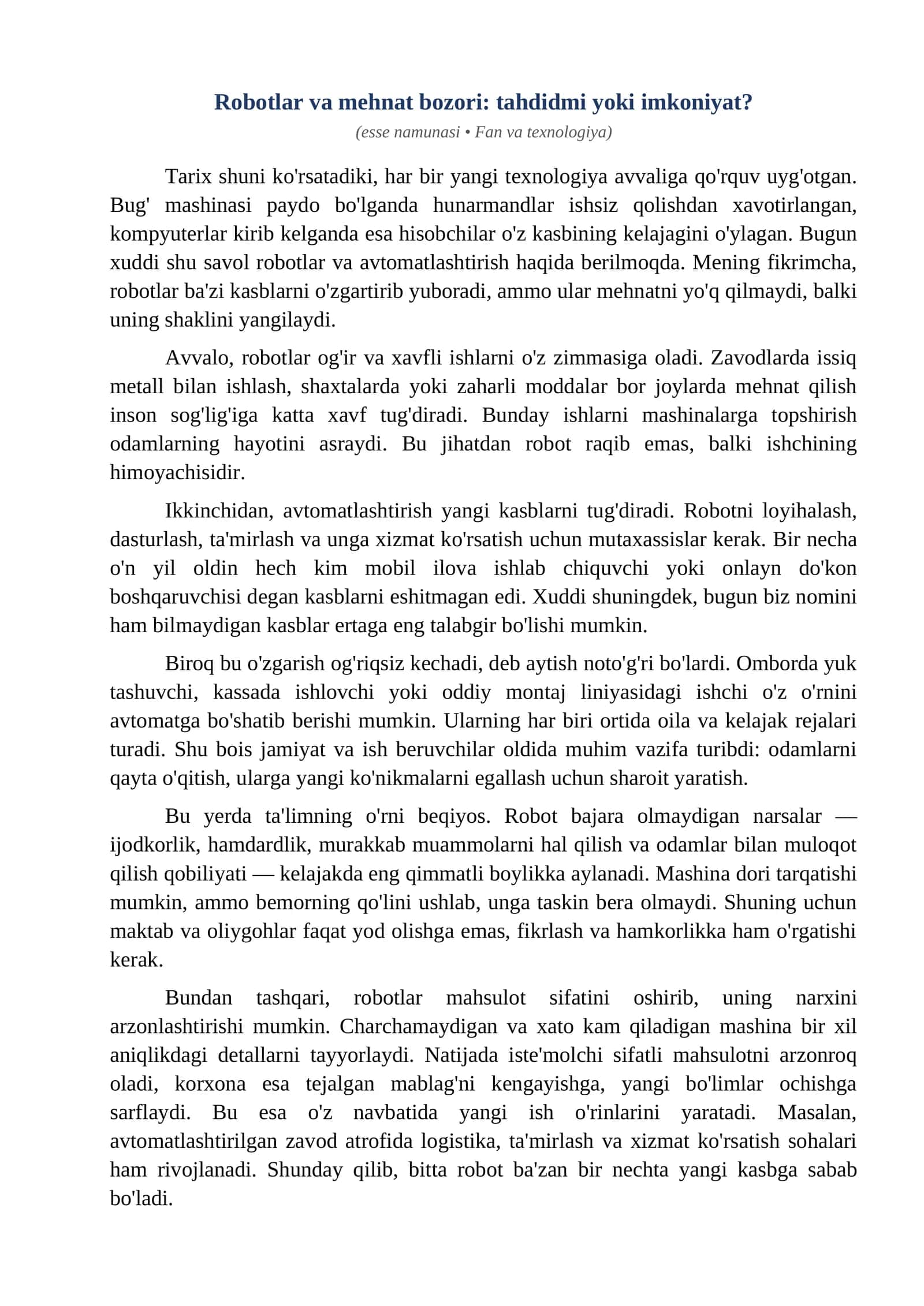 Esse Robotlar va mehnat bozori tahdidmi yoki imkoniyat