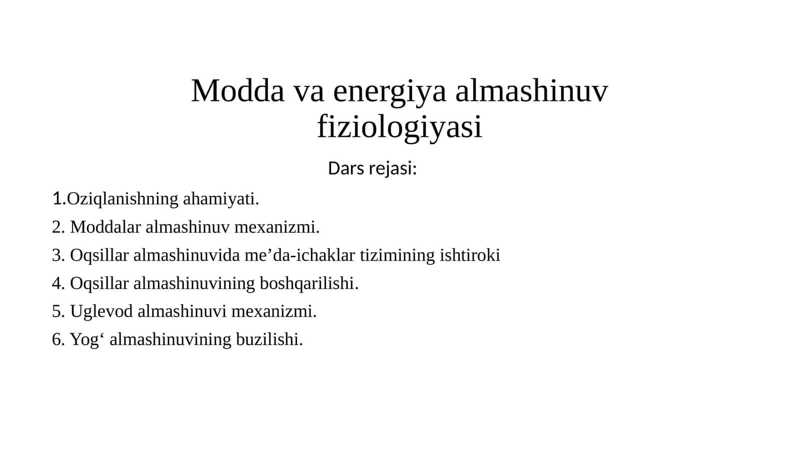 Modda va energiya almashinuv fiziologiyasi