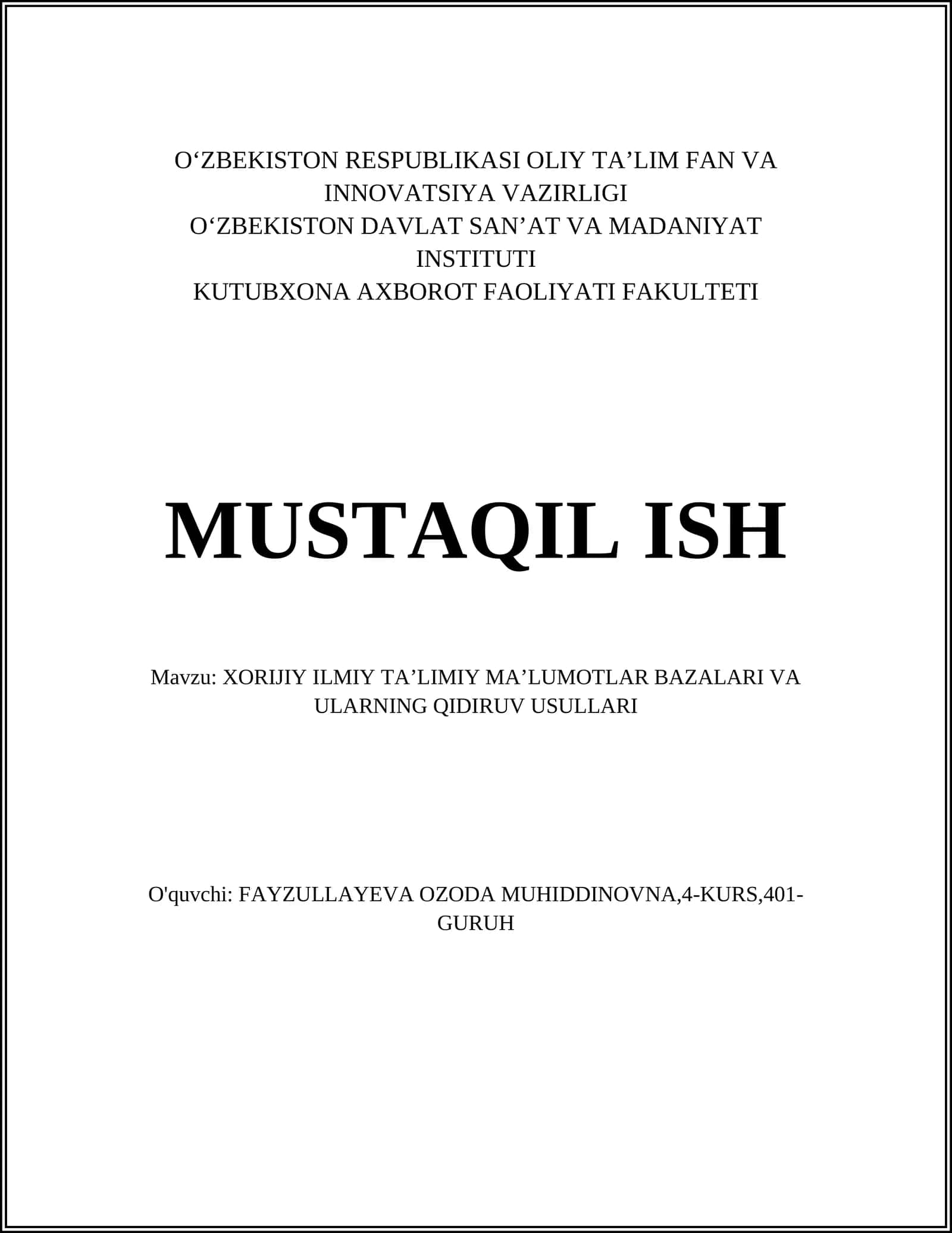 XORIJIY ILMIY TAʼLIMIY MAʼLUMOTLAR BAZALARI VA ULARNING QIDIRUV USULLARI