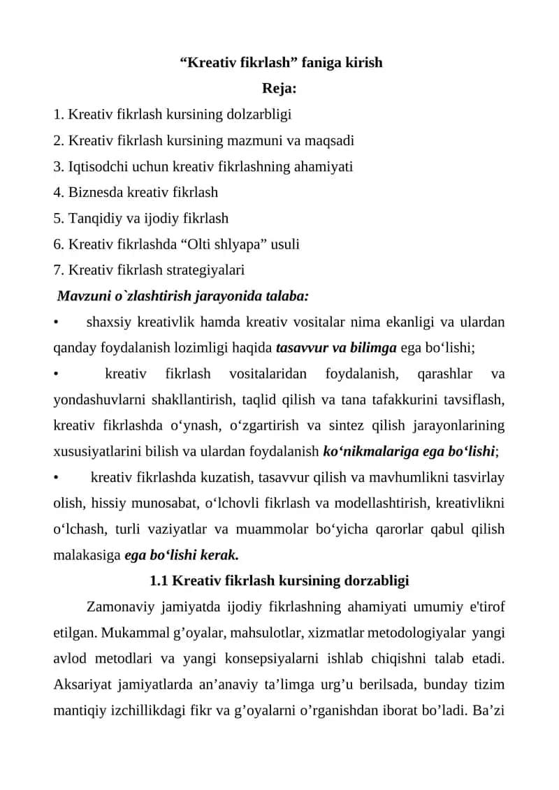 “Kreativ fikrlash” faniga kirish