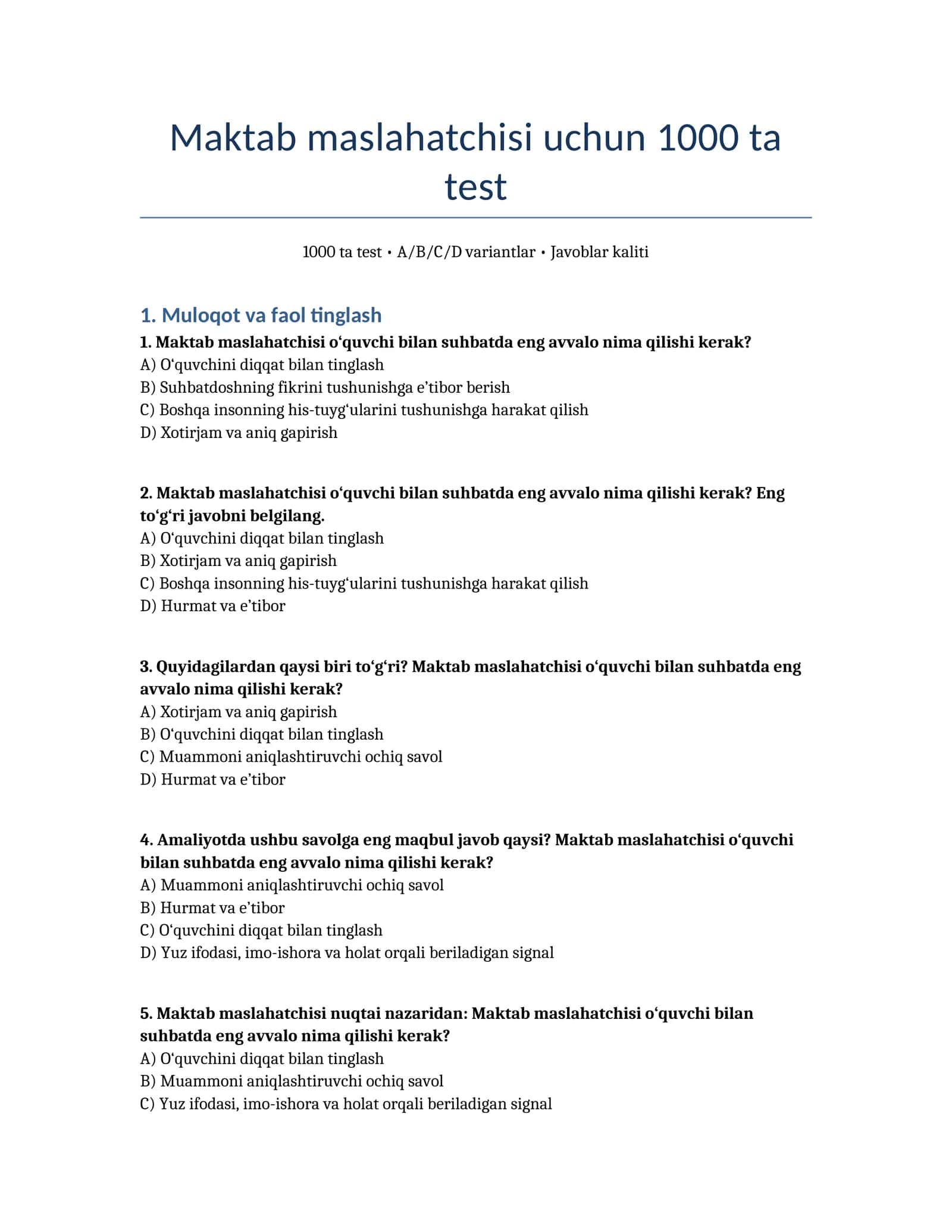 Maktab maslahatchisi uchun 1000 ta test