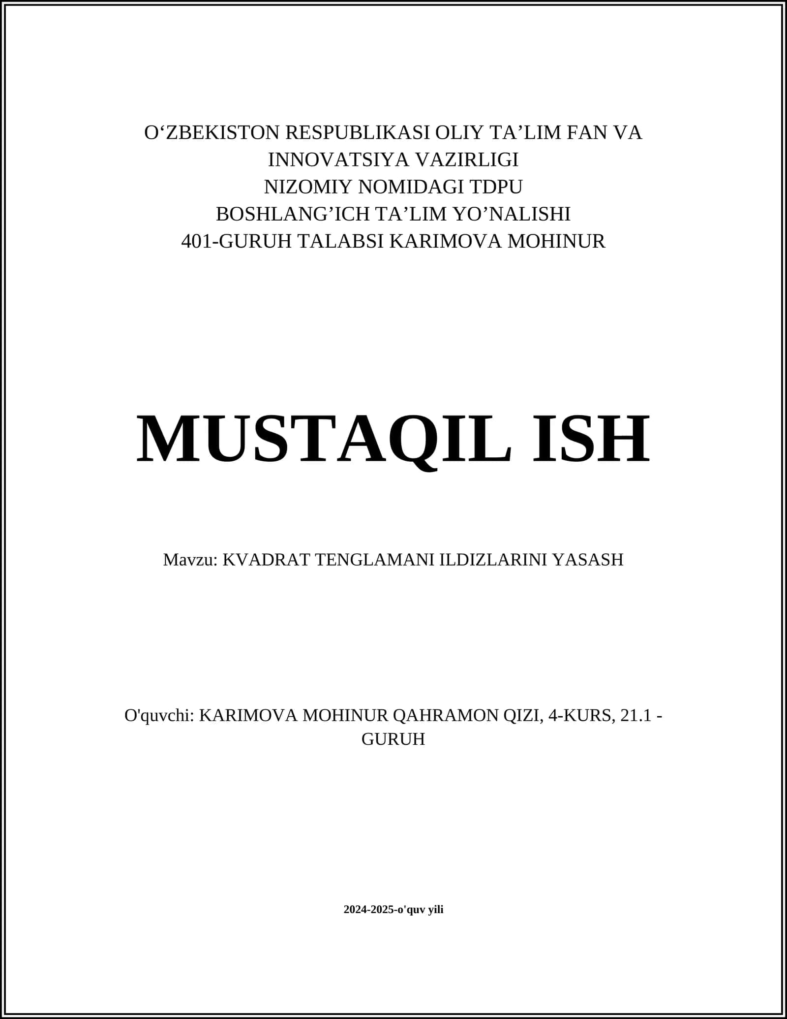 KVADRAT TENGLAMANI ILDIZLARINI YASASH