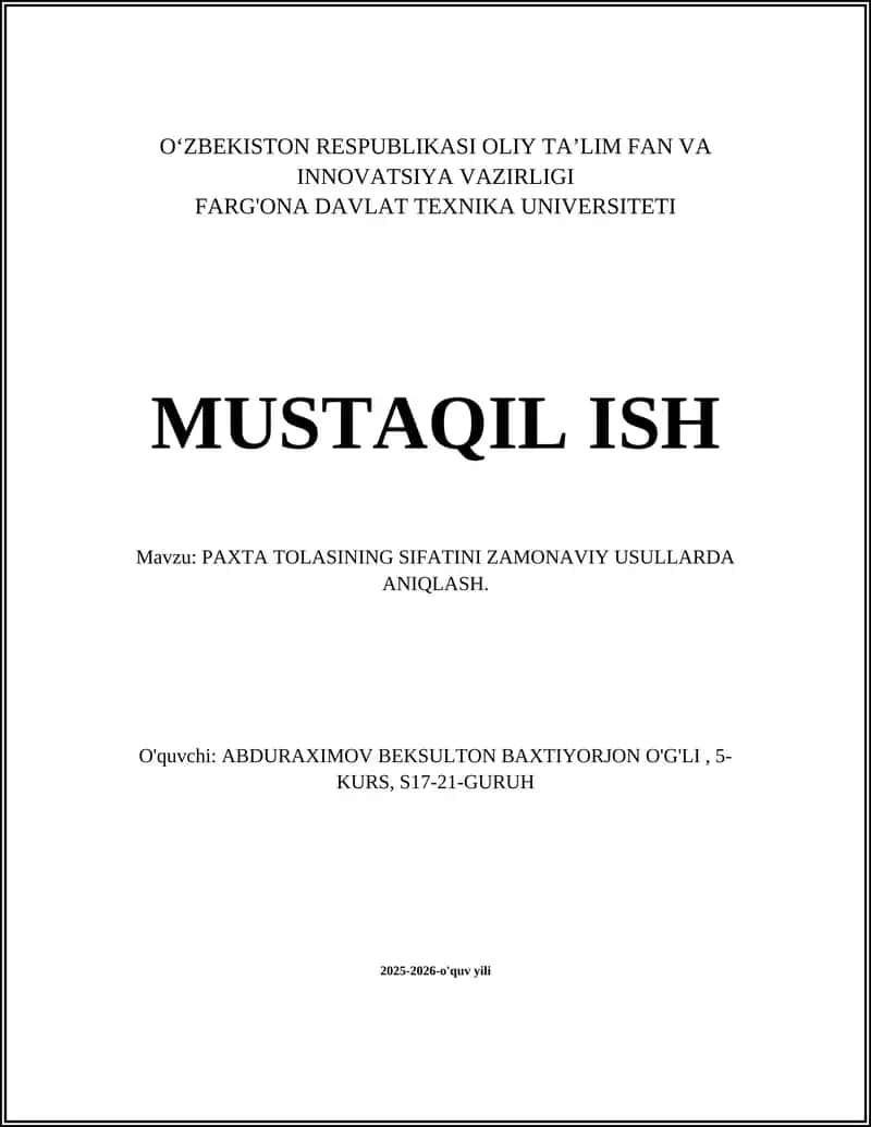 PAXTA TOLASINING SIFATINI ZAMONAVIY USULLARDA ANIQLASH
