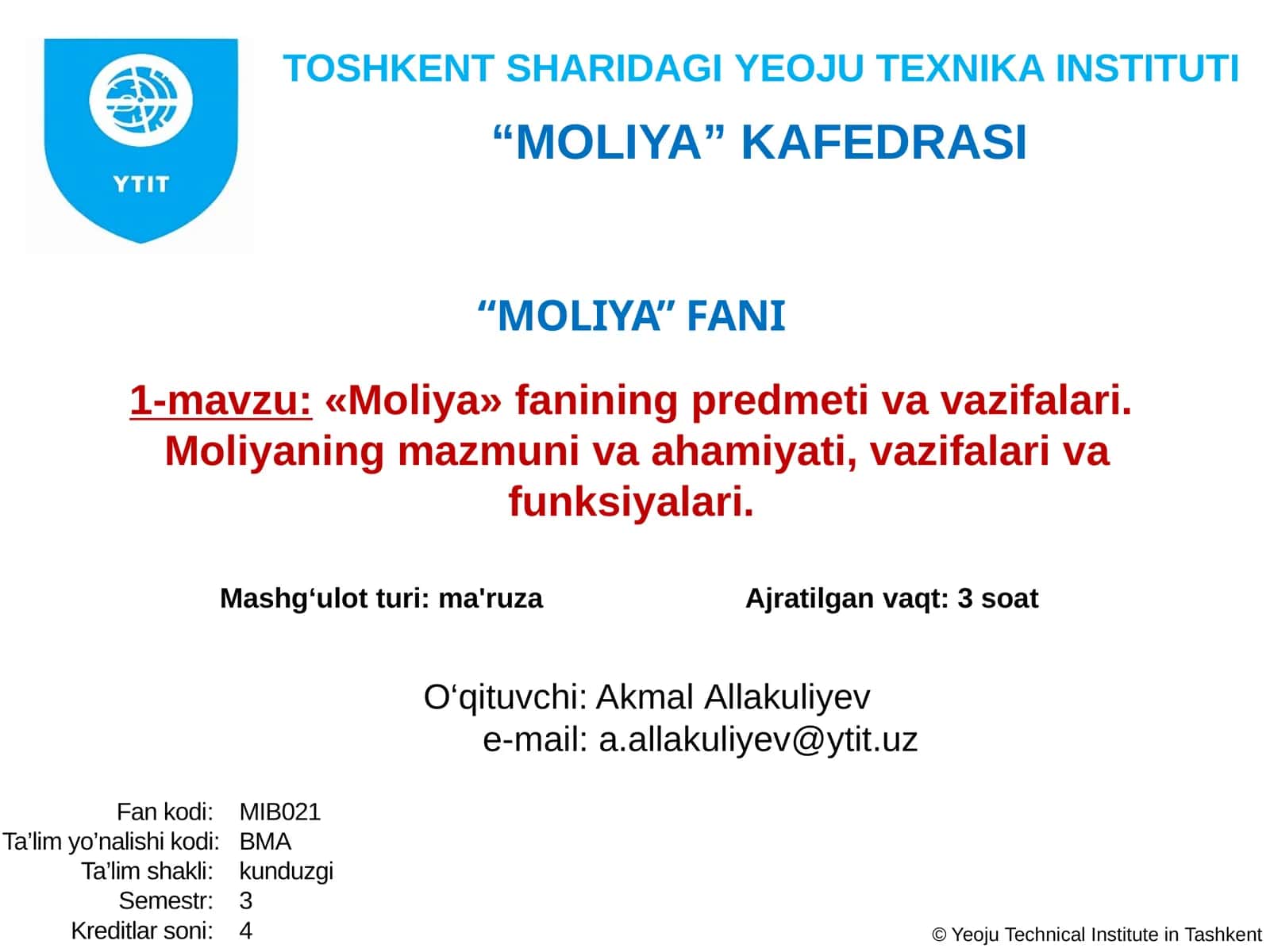 «Moliya» fanining predmeti va vazifalari