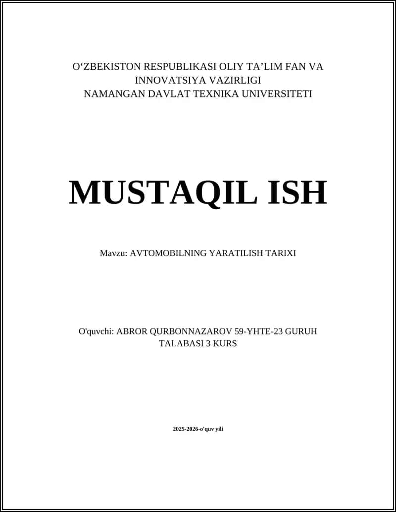 AVTOMOBILNING YARATILISH TARIXI