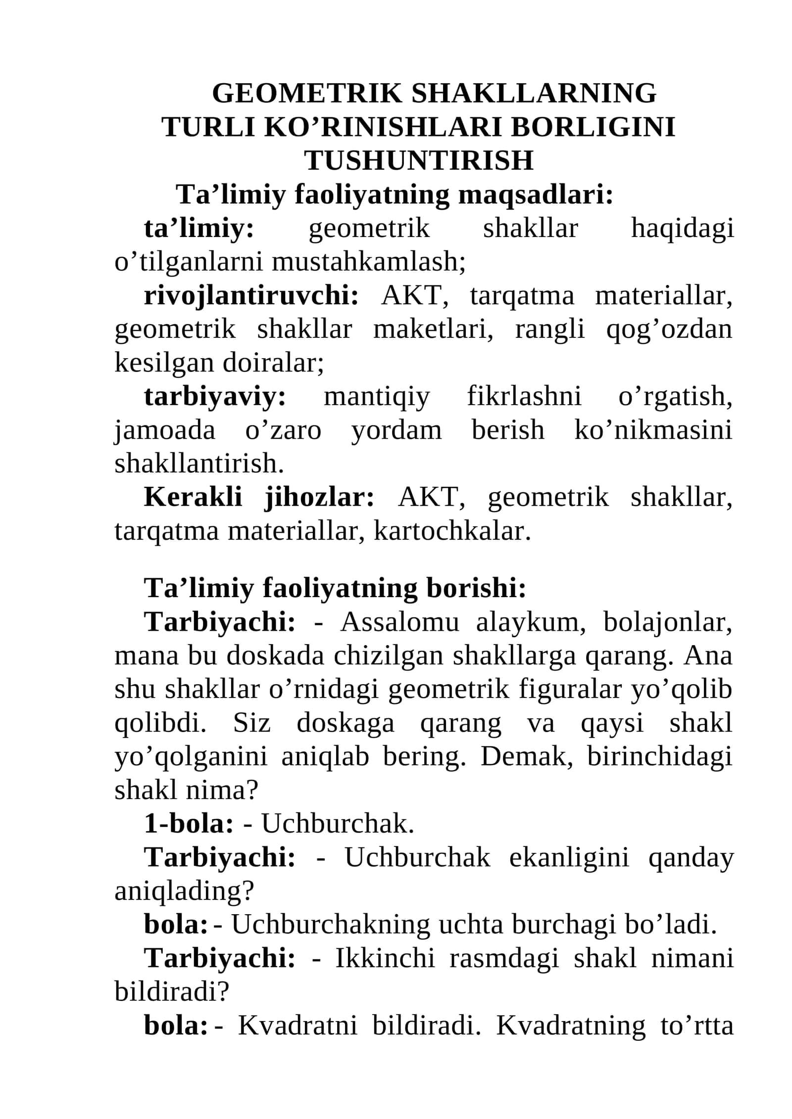 GEOMETRIK SHAKLLARNING TURLI KO’RINISHLARI BORLIGINI TUSHUNTIRISH