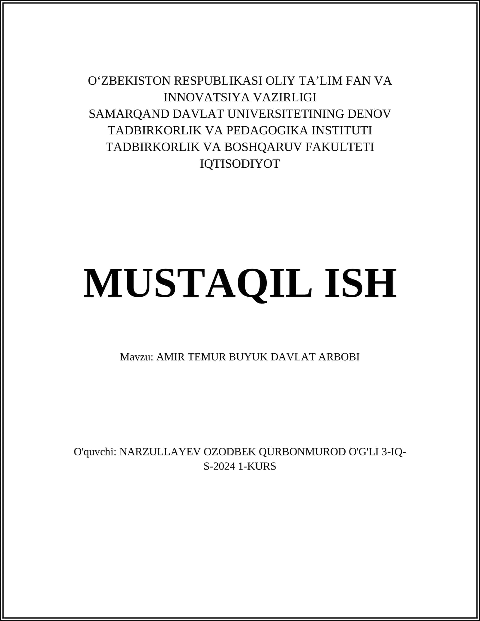 AMIR TEMUR BUYUK DAVLAT ARBOBI