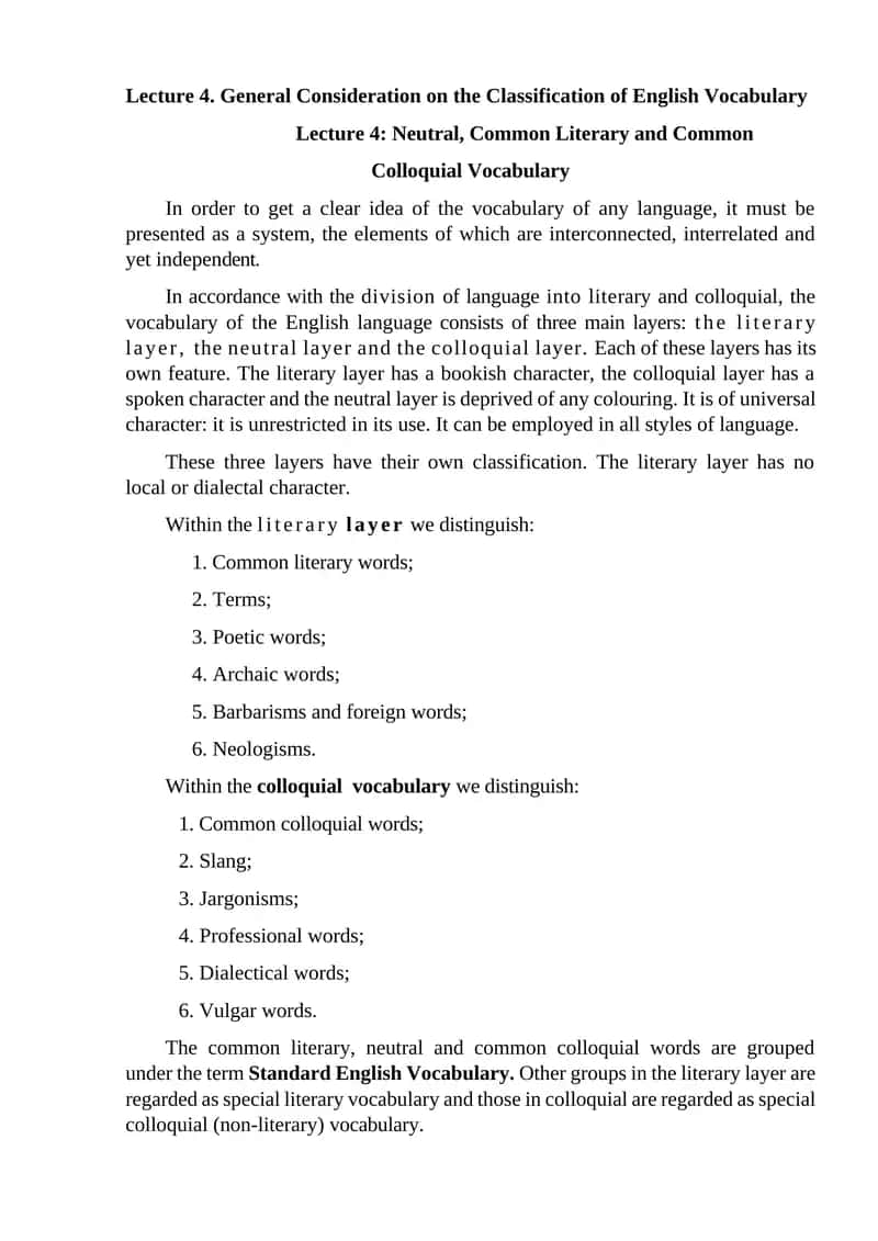 Lecture 4. General Consideration on the Classification of English Vocabulary