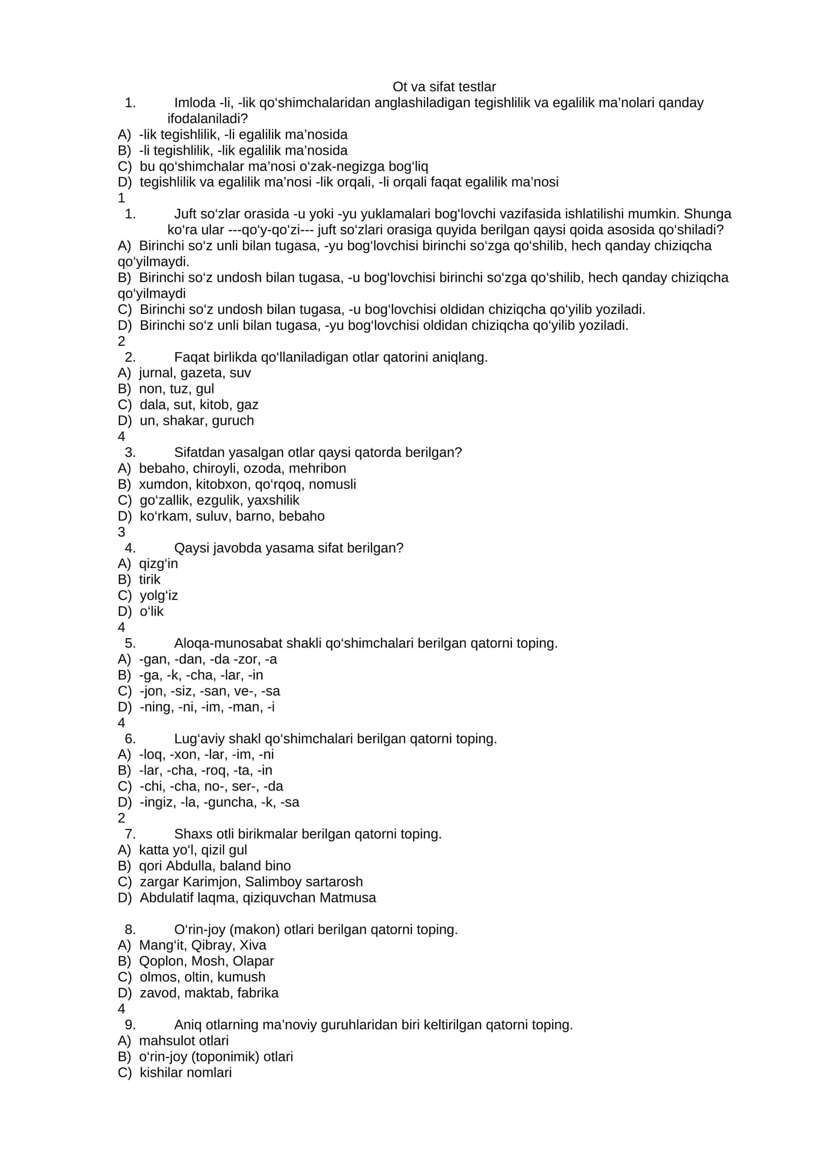 Ot va sifat testlar