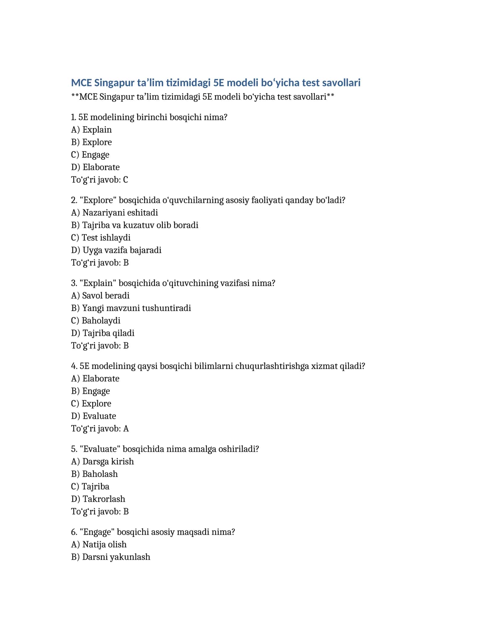 MCE Singapur taʼlim tizimidagi 5E modeli bo‘yicha test savollari
