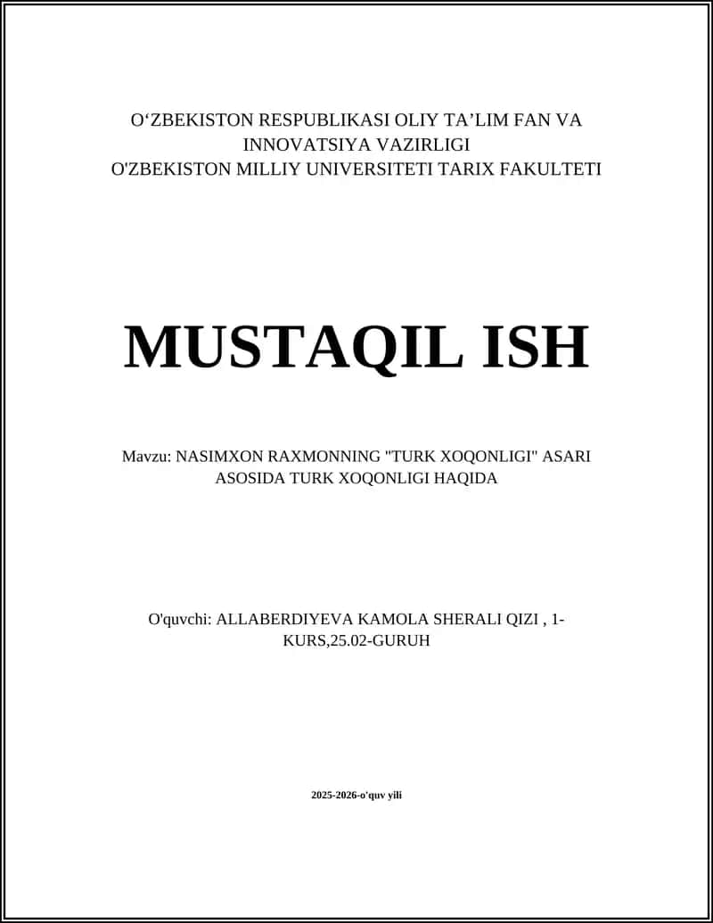 NASIMXON RAXMONNING "TURK XOQONLIGI" ASARI ASOSIDA TURK XOQONLIGI HAQIDA