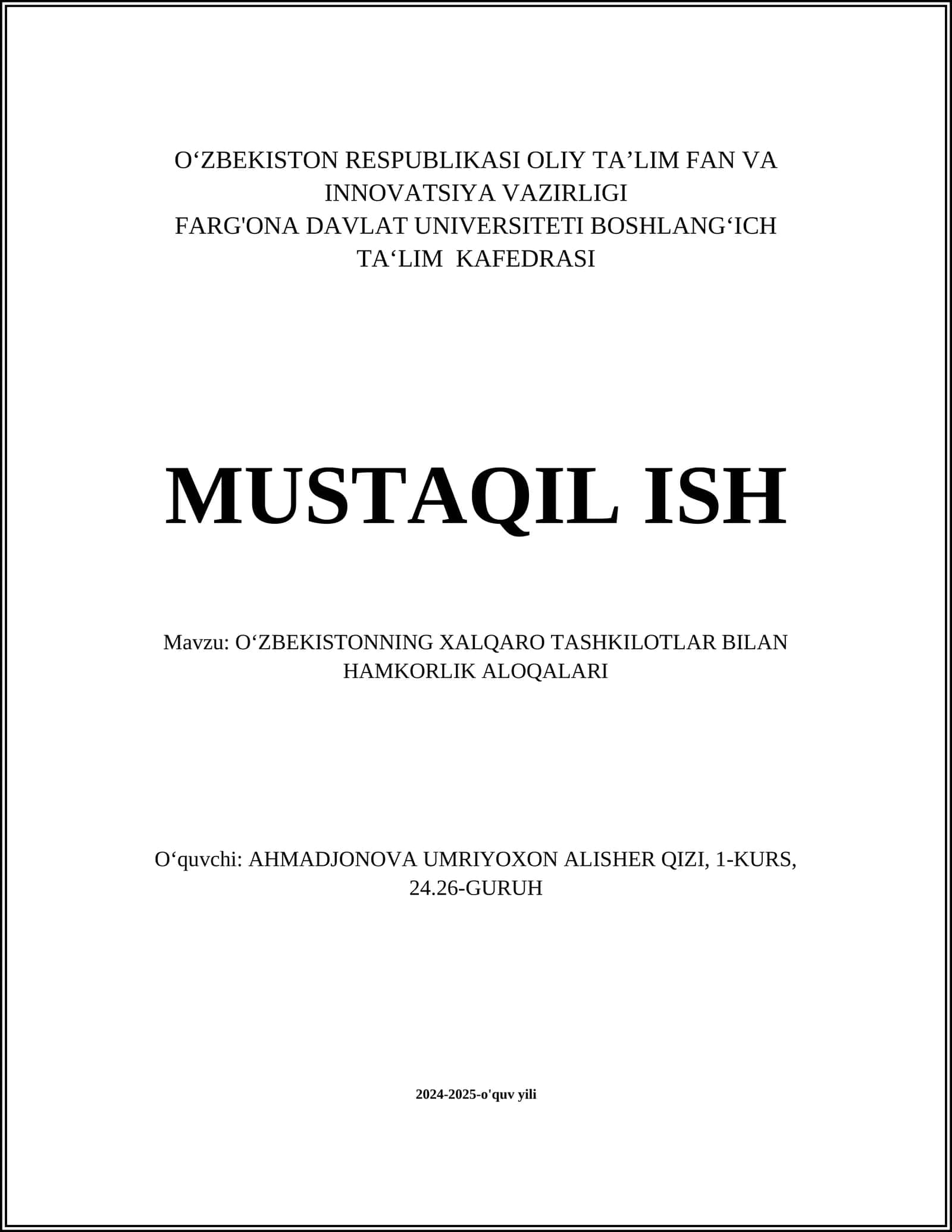 O‘ZBEKISTONNING XALQARO TASHKILOTLAR BILAN HAMKORLIK ALOQALARI