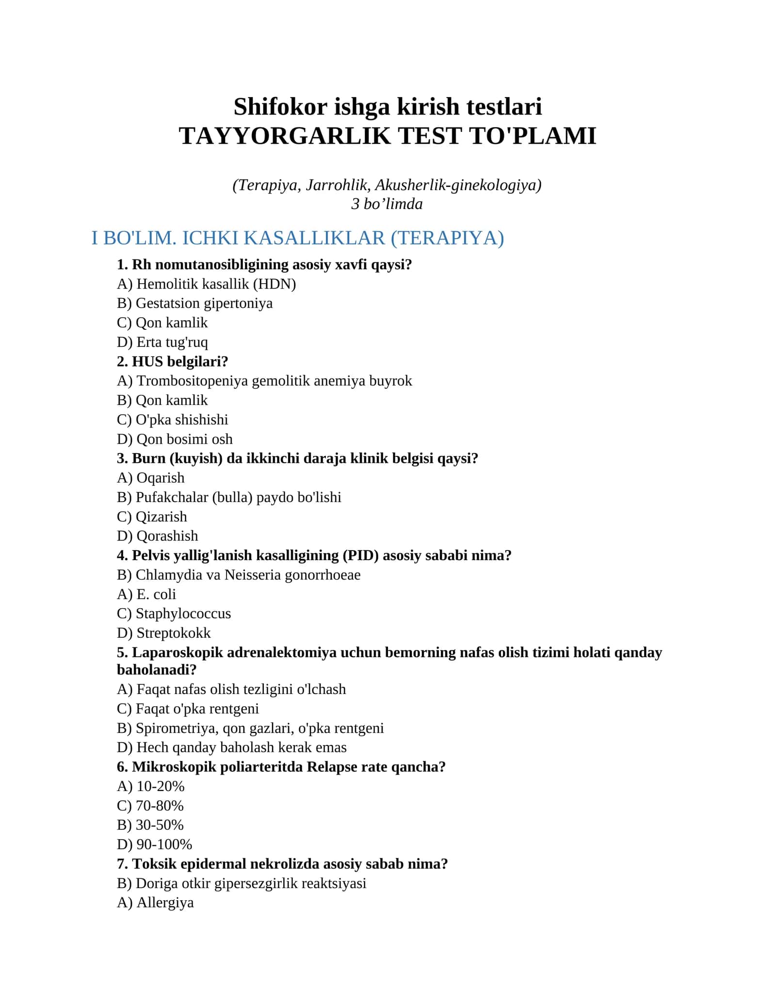 Shifokor ishga kirish testlari