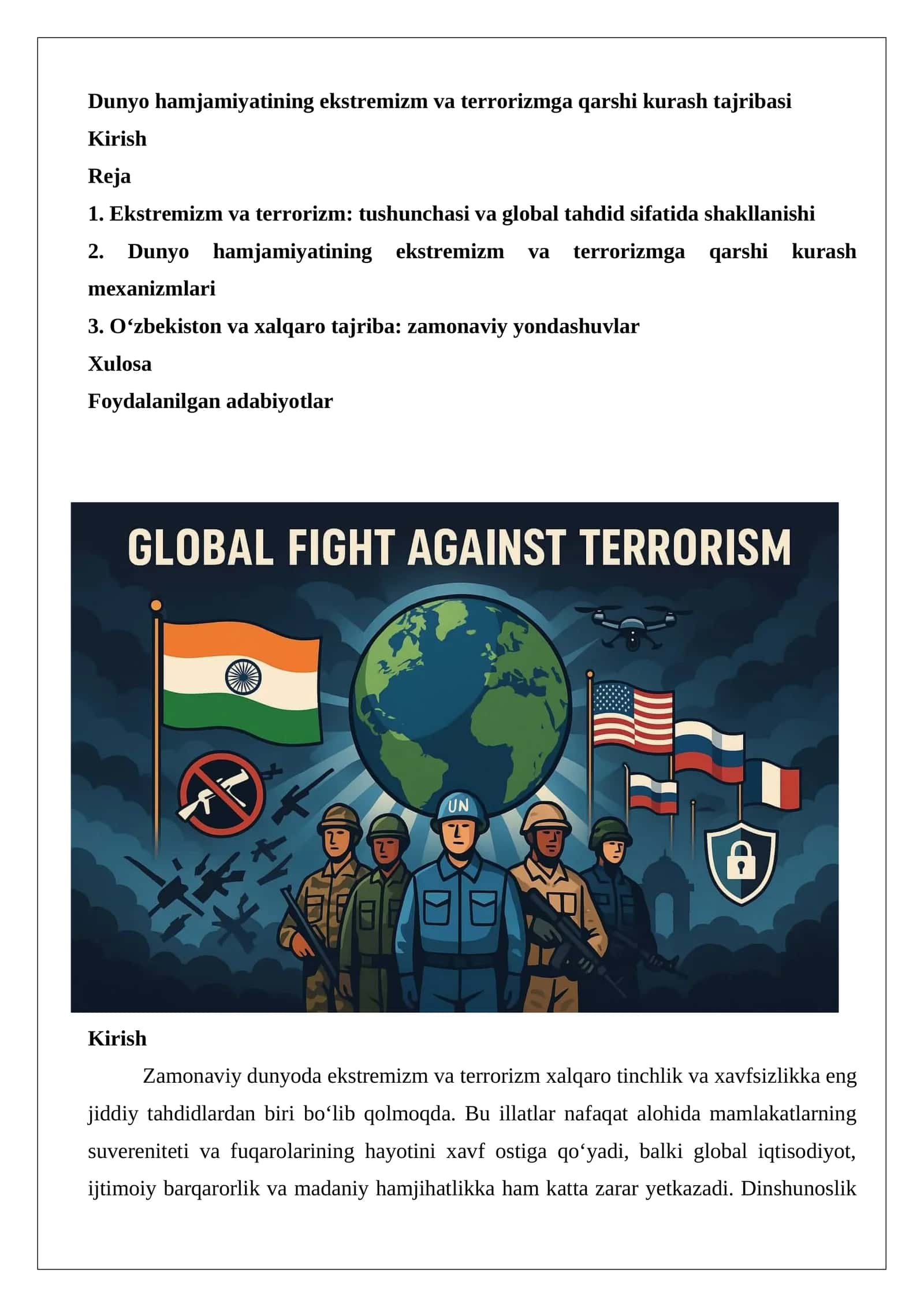 Dunyo hamjamiyatining ekstremizm va terrorizmga qarshi kurash tajribasi