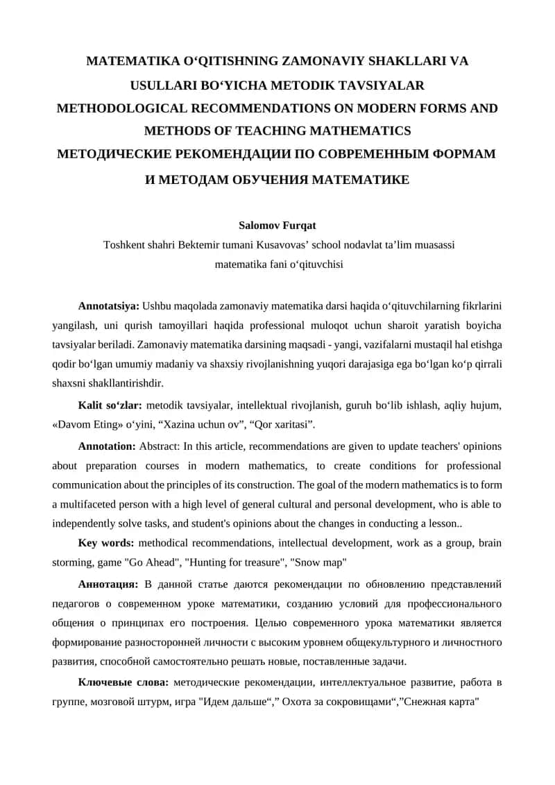 MATEMATIKA O‘QITISHNING ZAMONAVIY SHAKLLARI VA USULLARI BO‘YICHA METODIK TAVSIYALAR
