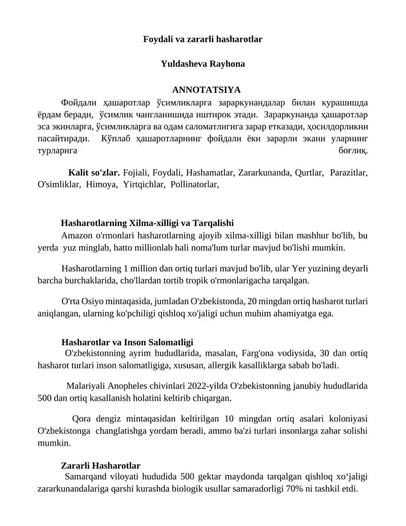 Foydali va zararli hasharotlar