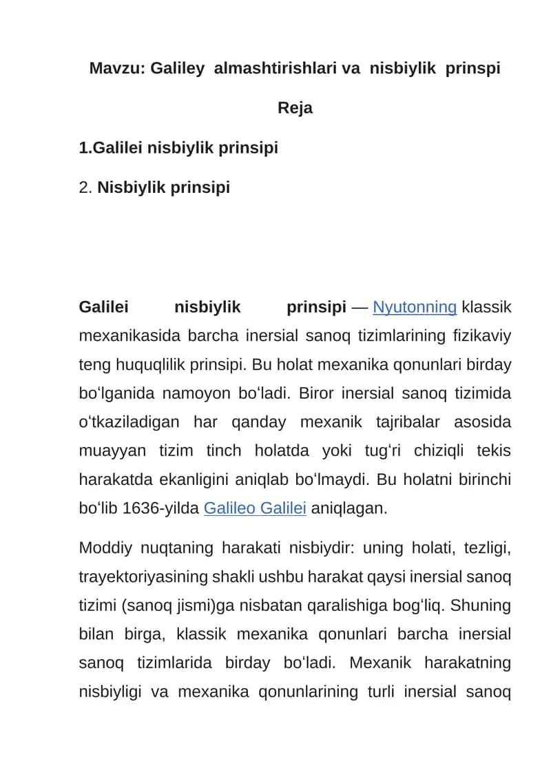 Galiley almashtirishlari va nisbiylik prinspi