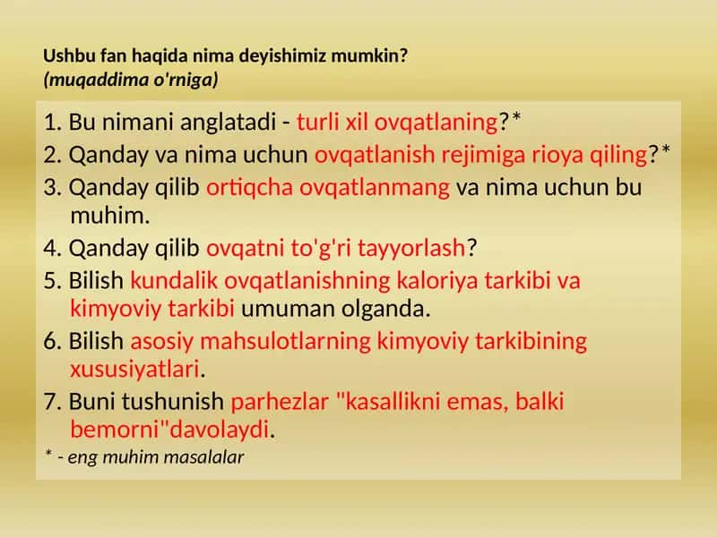 Ovqatlanishning mahsulotlar kimyoviy tarkibi