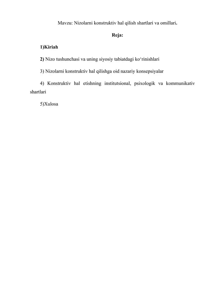 Nizolarni konstruktiv hal qilish shartlari va omillari.