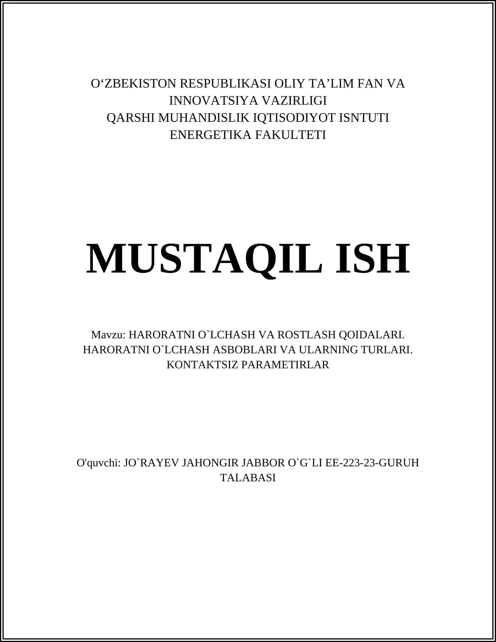 HARORATNI O`LCHASH VA ROSTLASH QOIDALARI