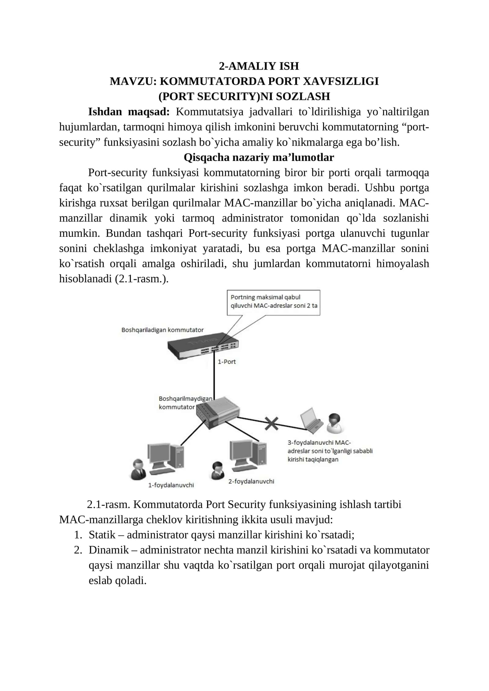 KOMMUTATORDA PORT XAVFSIZLIGI (PORT SECURITY)NI SOZLASH