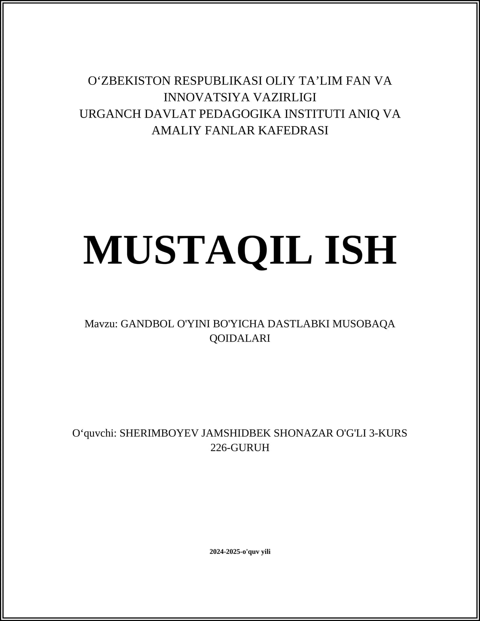 GANDBOL O'YINI BO'YICHA DASTLABKI MUSOBAQA QOIDALARI