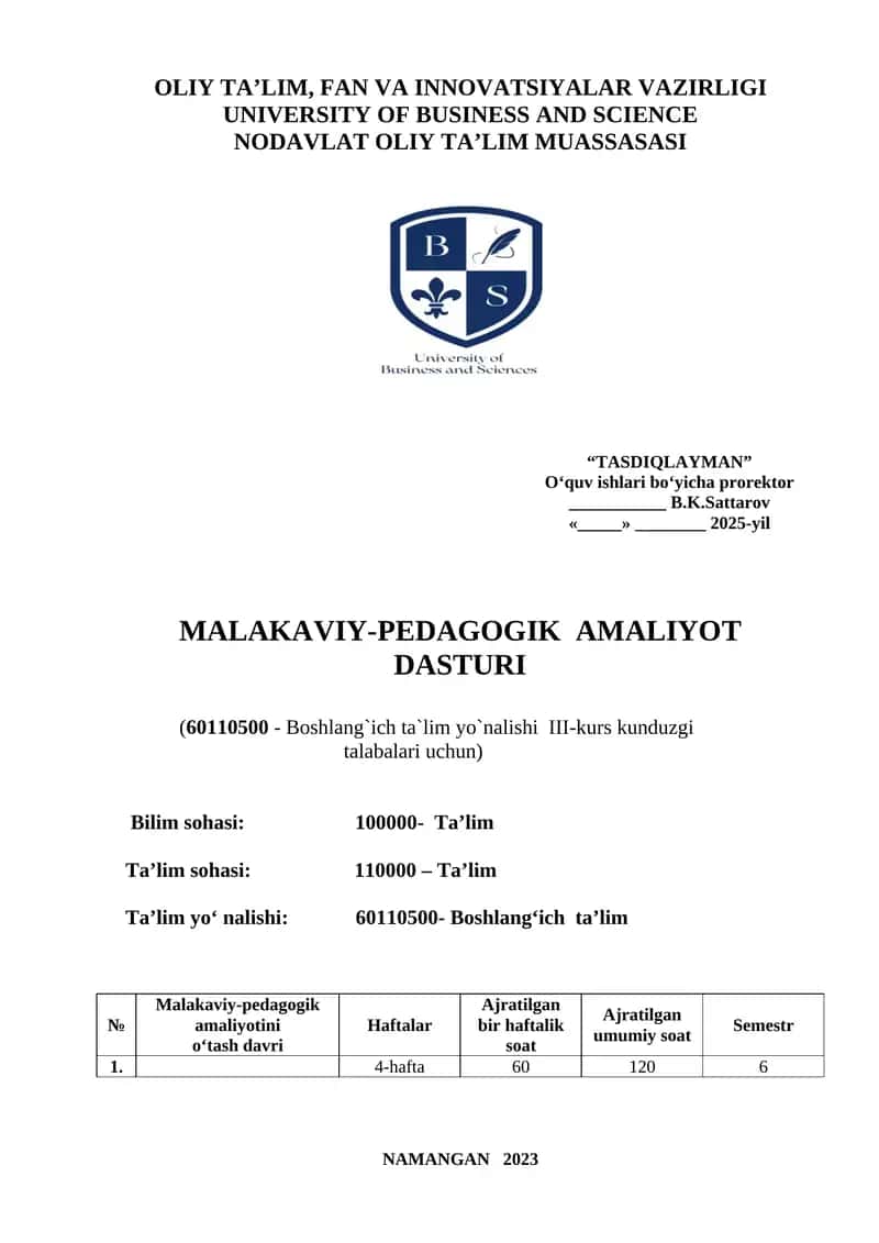 Malakaviy-pedagogik amaliyot dasturi