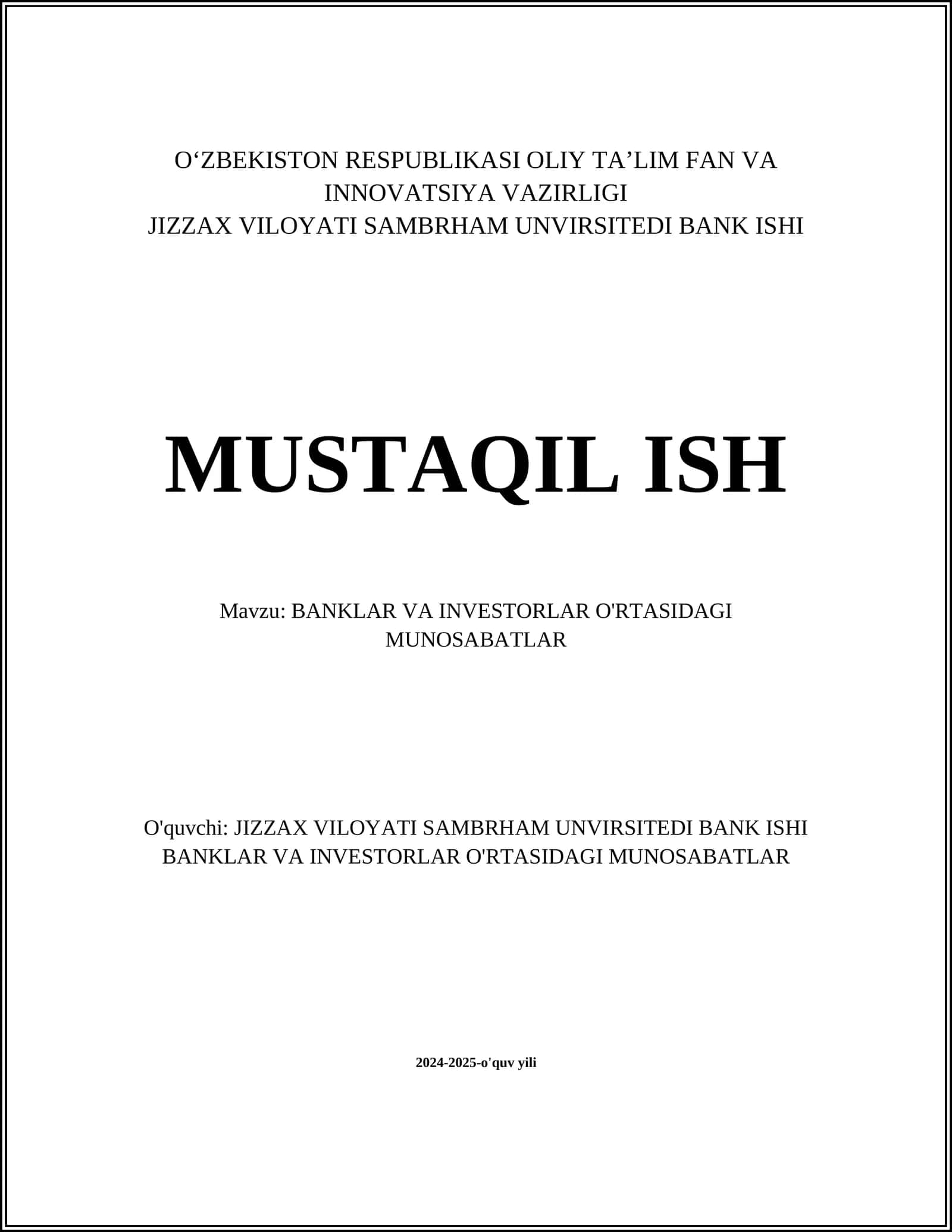BANKLAR VA INVESTORLAR O'RTASIDAGI MUNOSABATLAR