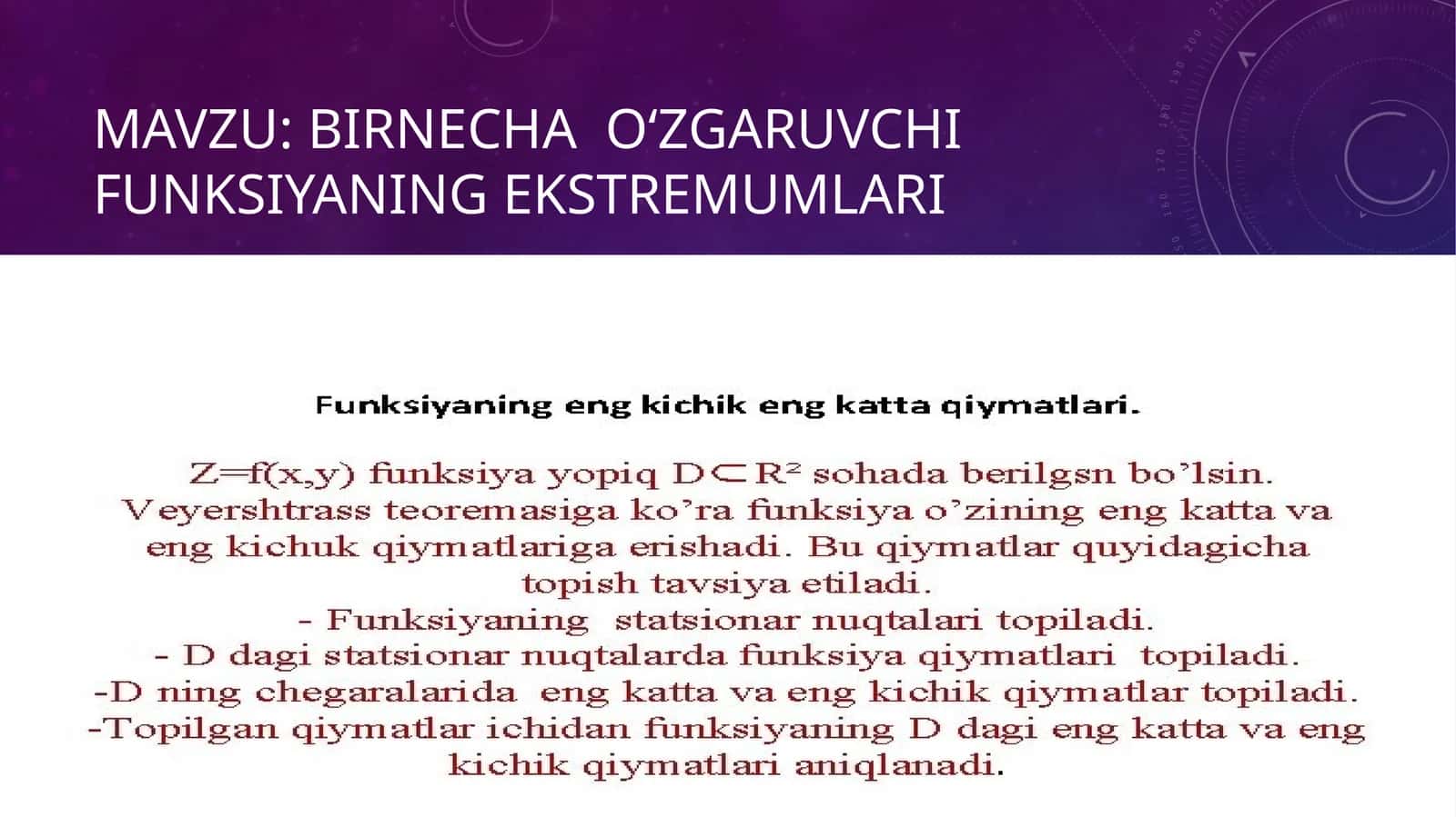 Birnechao‘zgaruvchi funksiyaningekstremUmlari
