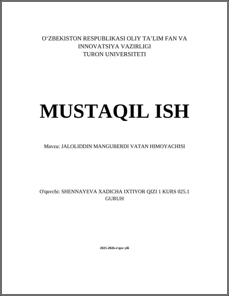 JALOLIDDIN MANGUBERDI VATAN HIMOYACHISI