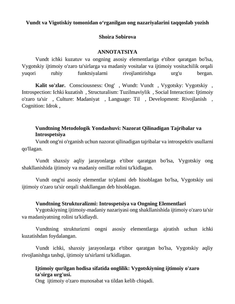 Vundt va Vigotiskiy tomonidan oʻrganilgan ong nazariyalarini taqqoslab yozish