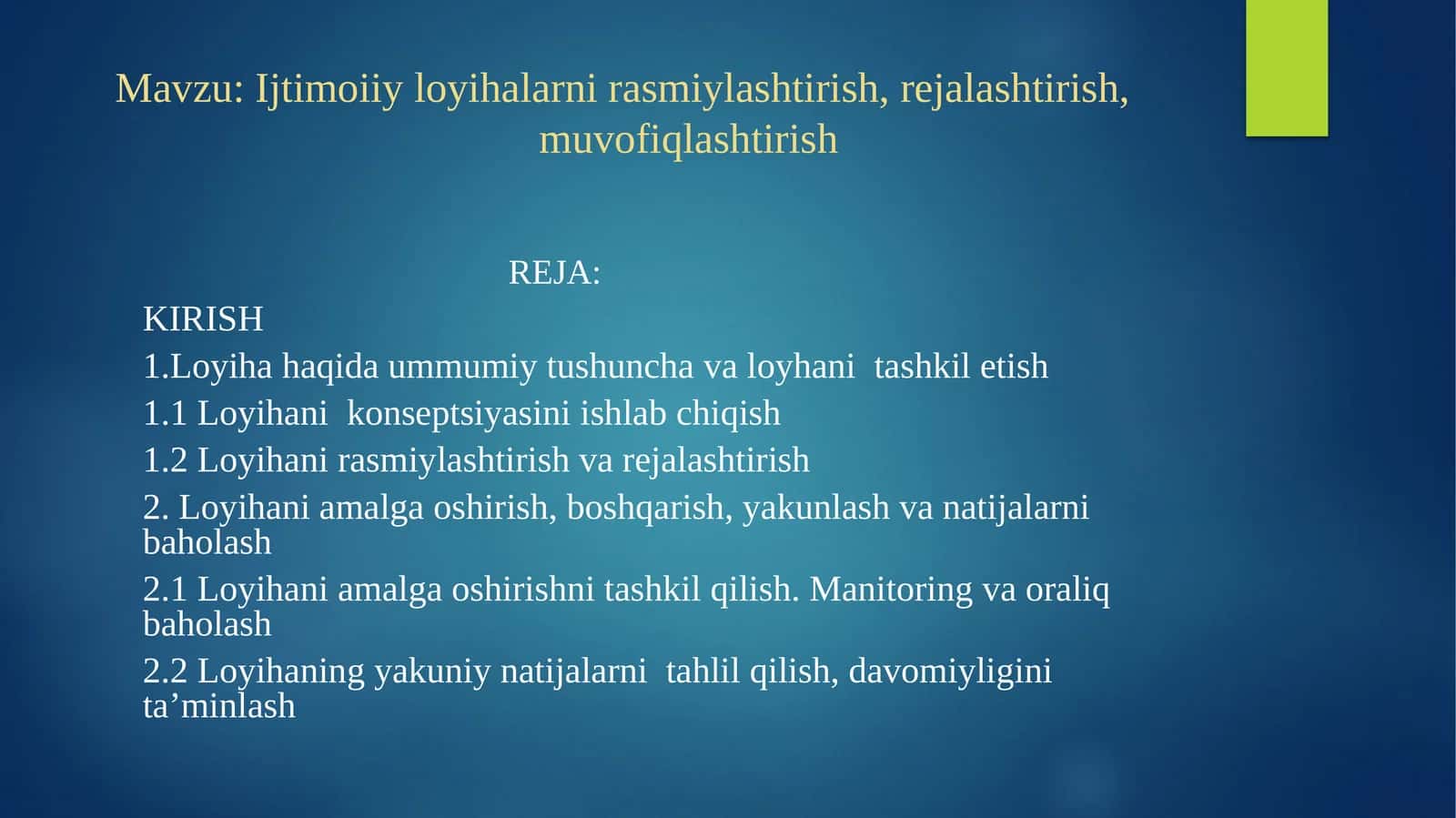 Ijtimoiiy loyihalarni rasmiylashtirish, rejalashtirish, muvofiqlashtirish