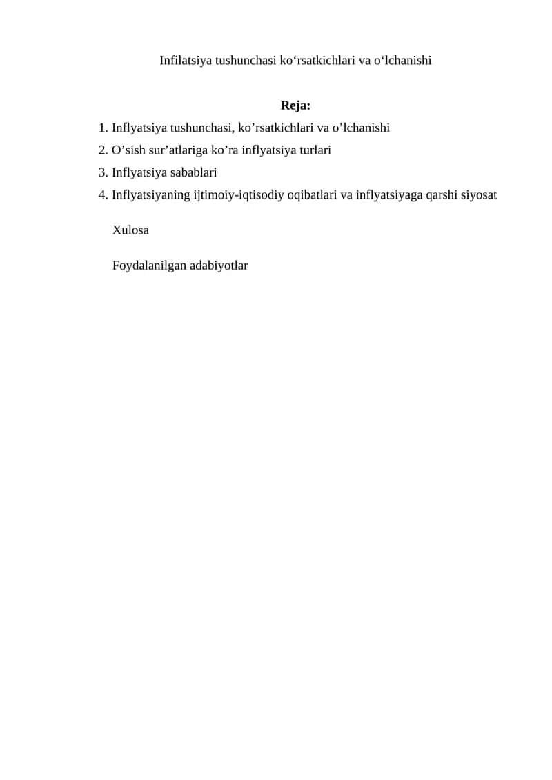 Inflyatsiya tushunchasi, ko’rsatkichlari va o’lchanishi