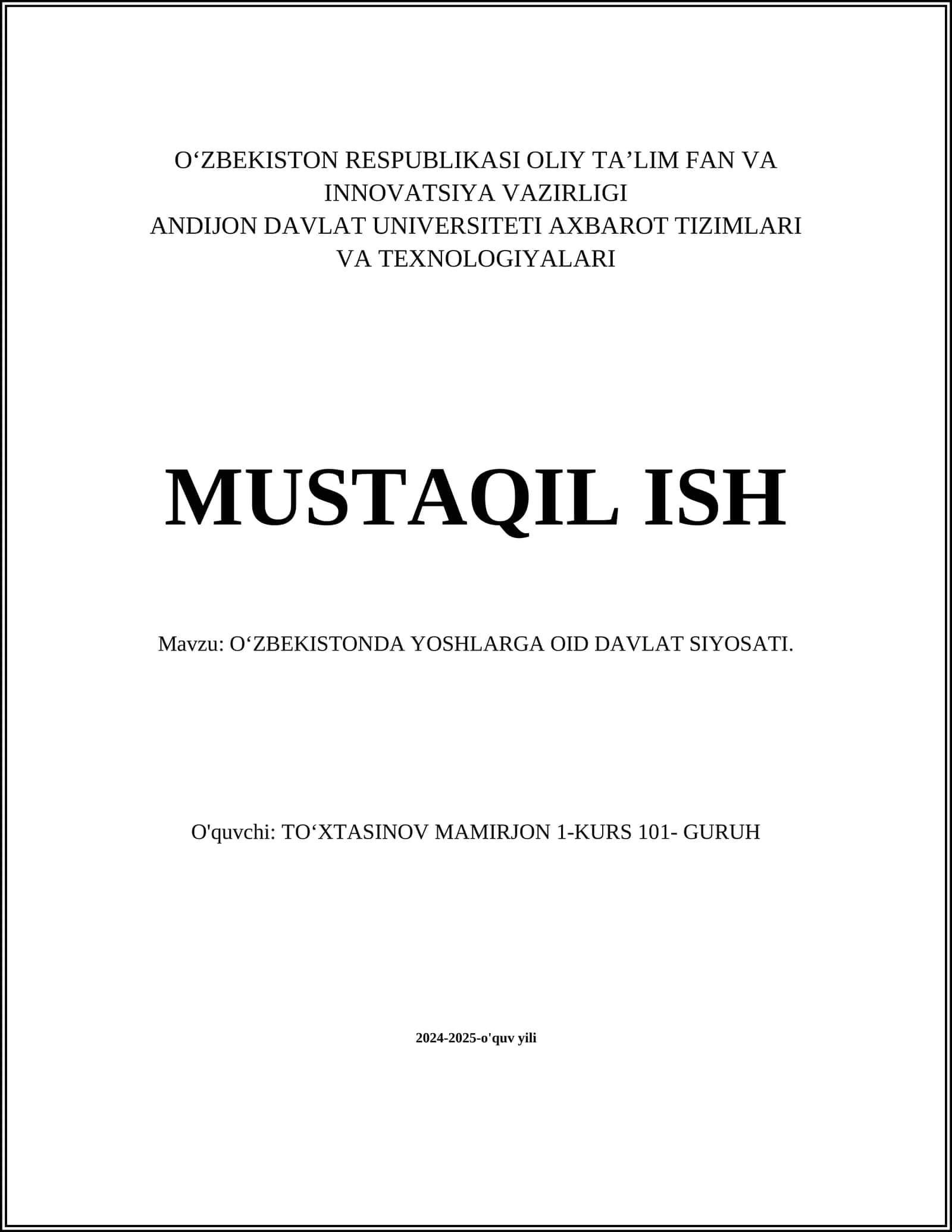 OʻZBEKISTONDA YOSHLARGA OID DAVLAT SIYOSATI