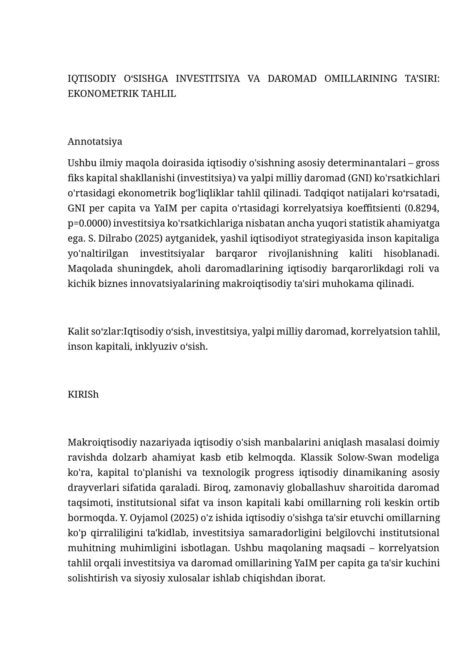IQTISODIY O‘SISHGA INVESTITSIYA VA DAROMAD OMILLARINING TA’SIRI: EKONOMETRIK TAHLIL