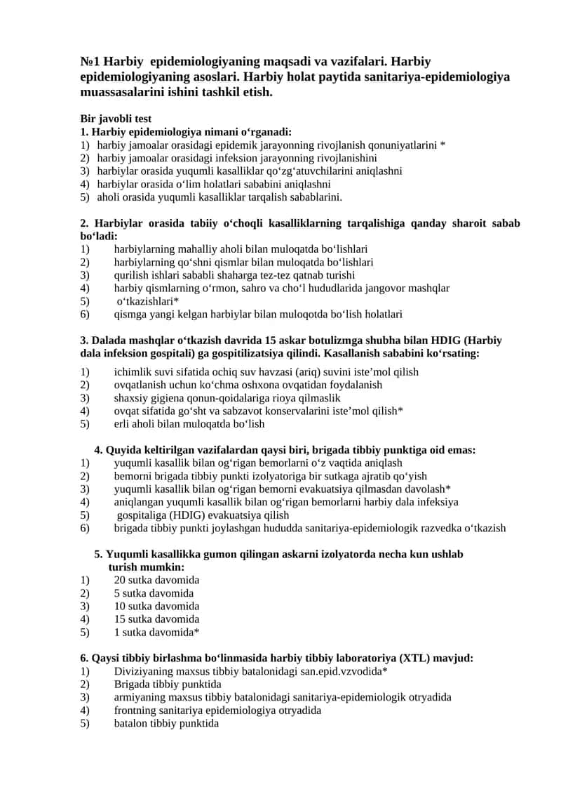 №1 Harbiy epidemiologiyaning maqsadi va vazifalari. Harbiy epidemiologiyaning asoslari. Harbiy holat paytida sanitariya-epidemiologiya muassasalarini ishini tashkil etish