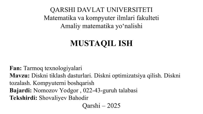 Diskni tiklash dasturlari. Diskni optimizatsiya qilish. Diskni tozalash. Kompyuterni boshqarish